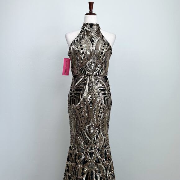 Gatsby Sequin Embellished Gold Halter Mermaid Formal Gown NWT - Picture 1 of 10